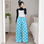 لباس خواب زنانه ساتن سفید آبی آسمانی (تاپ-شلوار-کش مو)