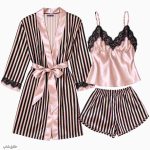 لباس خواب زنانه ساتن 3 تیکه طرح ویکتوریا صورتی مشکی (تاپ و شلوارک و روبدوشامبر)