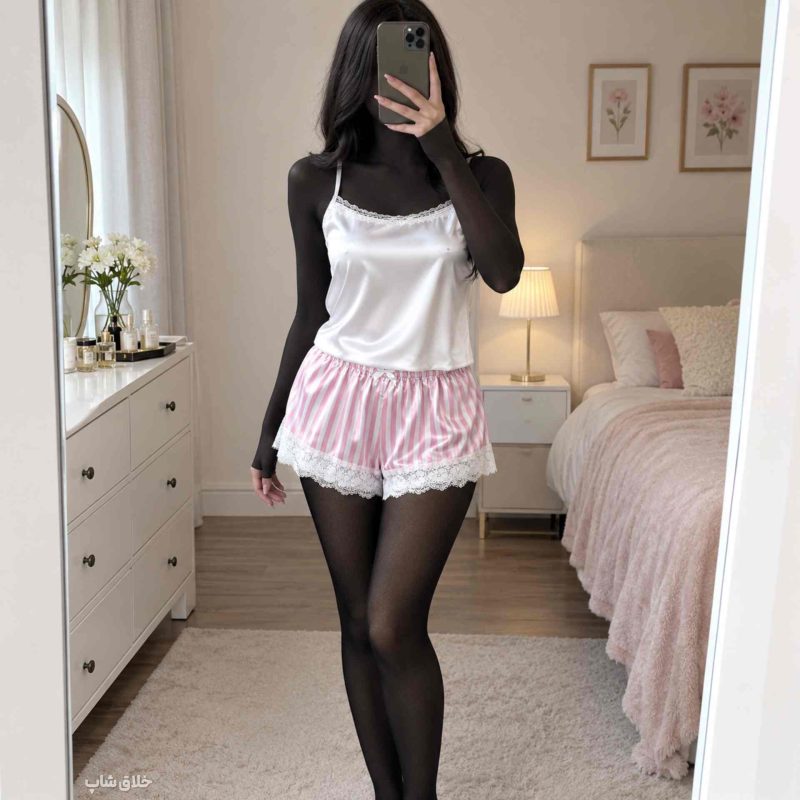 لباس خواب زنانه طرح سفید صورتی ویکتوریا تور دوزی (تاپ شلوارک ساتن)