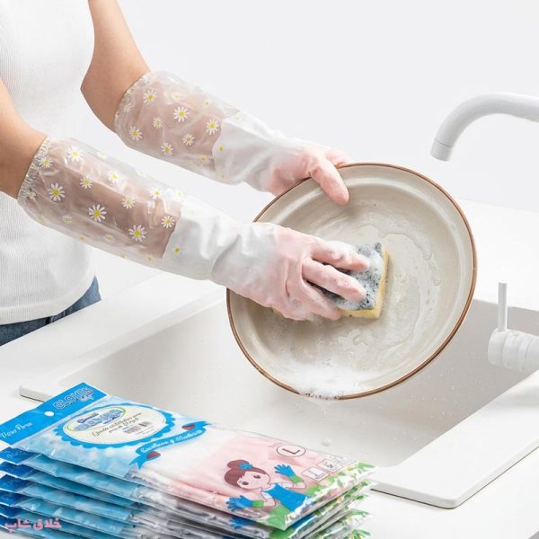با پوست حساس چطور ظرف بشوریم؟ 🧽🌸 2 دستکش ظرفشویی توپشمی ساق بلند
