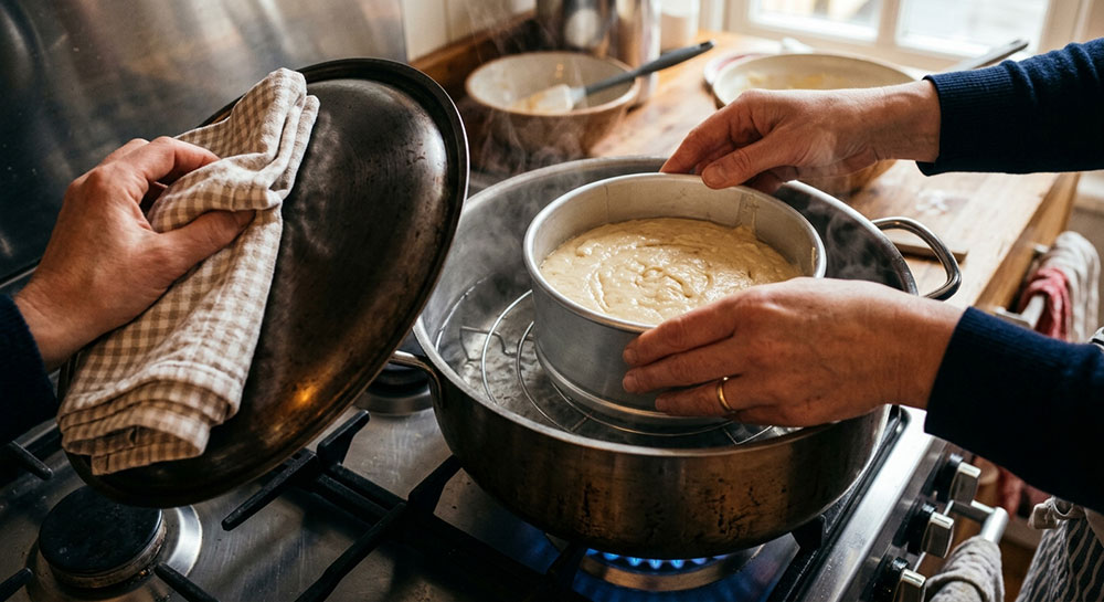 کیک را در فر یا در قابلمه با دم کنی، بگذارید