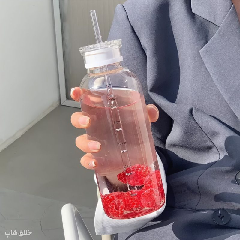 ماگ پیرکس بزرگ نی دار-بطری اسموتی ساز شیشه ای دو درب 1000ML