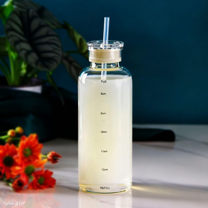 ماگ پیرکس بزرگ نی دار-بطری اسموتی ساز شیشه ای دو درب 1000ML