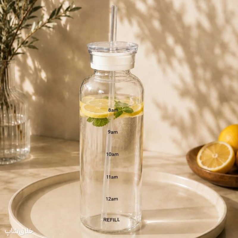 ماگ پیرکس بزرگ نی دار-بطری اسموتی ساز شیشه ای دو درب 1000ML