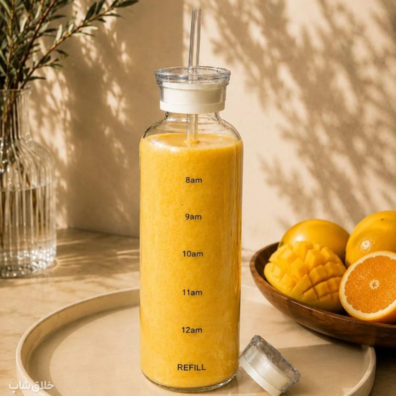 ماگ پیرکس بزرگ نی دار-بطری اسموتی ساز شیشه ای دو درب 1000ML